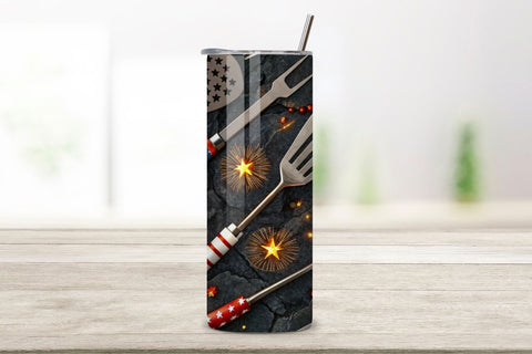 3D Grill Tools & Fireworks, 20oz Skinny Sublimation Design, American Flag Floral Art, Independence Day Tumbler Wrap, Fourth of July Floral Gift, USA Patriotic Flower Wrap Sublimation FloridPrintables 