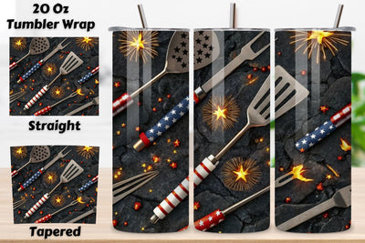 3D Grill Tools & Fireworks, 20oz Skinny Sublimation Design, American Flag Floral Art, Independence Day Tumbler Wrap, Fourth of July Floral Gift, USA Patriotic Flower Wrap Sublimation FloridPrintables 