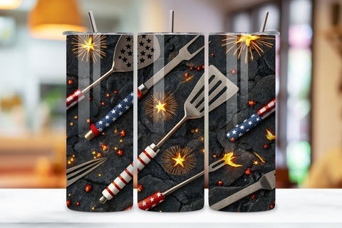 3D Grill Tools & Fireworks, 20oz Skinny Sublimation Design, American Flag Floral Art, Independence Day Tumbler Wrap, Fourth of July Floral Gift, USA Patriotic Flower Wrap Sublimation FloridPrintables 
