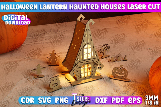 3D Halloween Lantern Haunted House | Halloween Décor | Shadowbox | CNC File SVG The T Store Design 