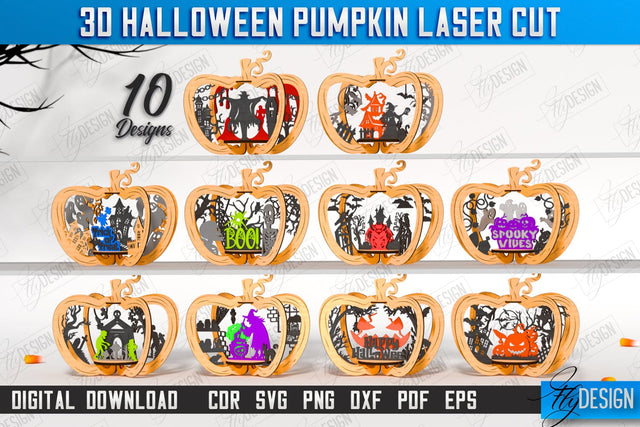 3D Halloween Pumpkin Laser Cut Bundle | Halloween Decorations | Seasonal Home Décor | CNC Files SVG Fly Design 