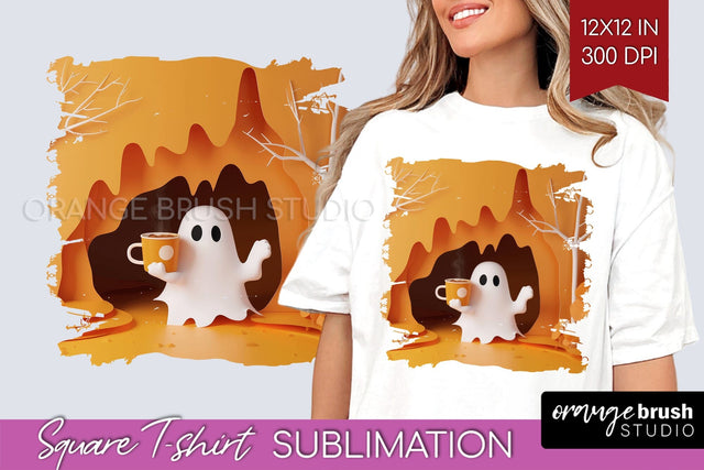 3D Halloween Square Tshirt Background, Spooky Tshirt PNG Sublimation OrangeBrushStudio 