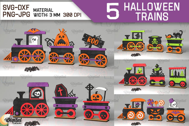 3D Halloween Trains Laser Cut Bundle. Spooky Decor SVG SVG Evgenyia Guschina 