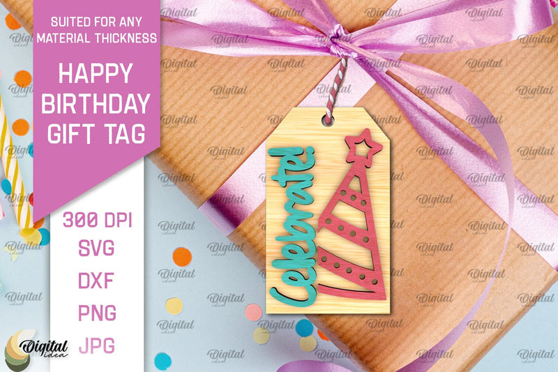 3D Happy Birthday Gift Tag Lasercut. Present label SVG SVG Evgenyia Guschina 