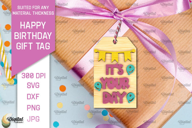 3D Happy Birthday Gift Tag Lasercut. Present label SVG SVG Evgenyia Guschina 