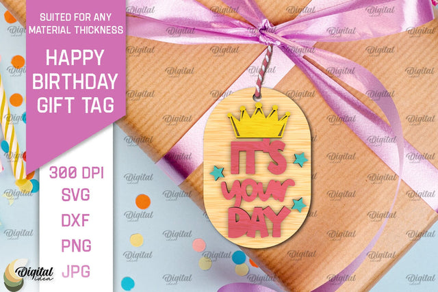 3D Happy Birthday Gift Tag Lasercut. Present label SVG SVG Evgenyia Guschina 
