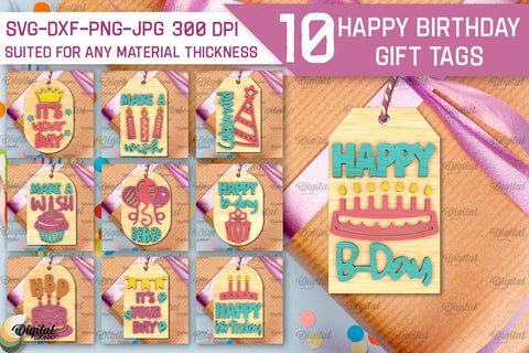 3D Happy Birthday Gift Tags Lasercut Bundle. Present labels SVG SVG Evgenyia Guschina 