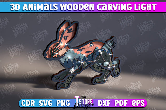 3D Hare Wooden Carving Light | LED Night Light | Animal Figurines | CNC File SVG The T Store Design 
