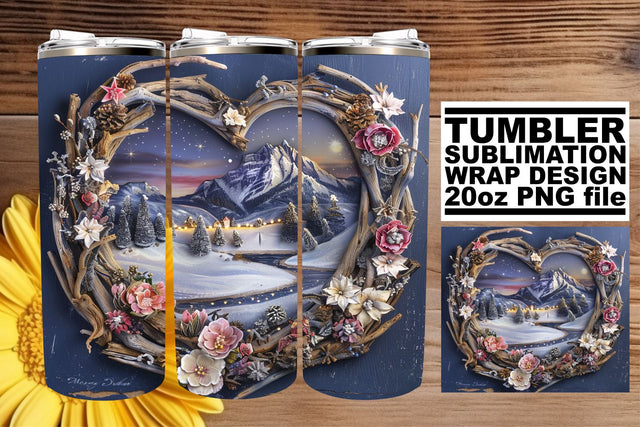 3D Heart Frame Christmas Landscape Tumbler Wrap 20oz Sublimation afrosvg 