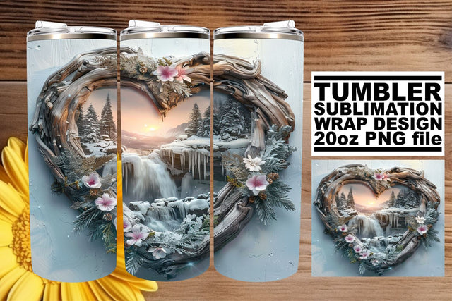 3D Heart Frame Tumbler Wrap Winter Holiday Scene 20oz Sublimation afrosvg 