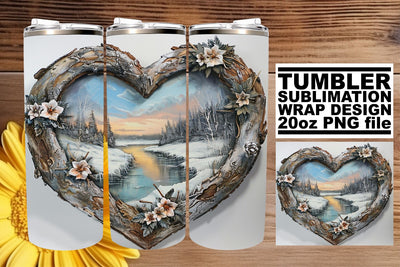3D Heart Frame Winter Landscape Tumbler Wrap 20oz Sublimation afrosvg 