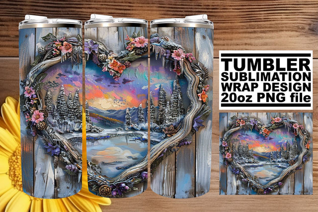 3D Heart Frame Winter Tumbler Wrap Christmas Scene Sublimation afrosvg 