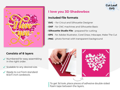 3d Heart Shadow box svg - I Love You svg, Valentines Day Shadow Box, Shadow box svg, Valentine svg, Love svg, Layered Heart svg 3D Paper CutLeafSvg 