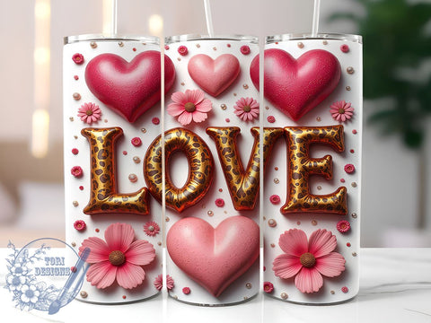 3D Hearts Love 20oz Tumbler, Valentine's Day Cup, Pink Love Tumbler Wrap, Cute Heart Design, 20oz Sublimation, Romantic Gift, Valentine's Drinkware Sublimation ToriDesigns 