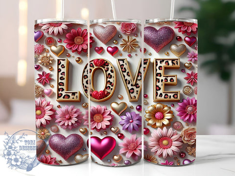 3D Hearts Love 20oz Tumbler, Valentine's Day Cup, Pink Love Tumbler Wrap, Cute Heart Design, 20oz Sublimation, Romantic Gift, Valentine's Drinkware Sublimation ToriDesigns 