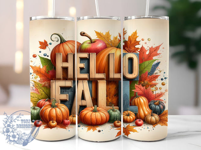 3D Hello Fall 20oz Skinny Tumbler, Fall Vibes Tumbler Png, Straight & Tapered Tumbler Wrap, Instant Digital Download Sublimation ToriDesigns 