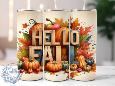 3D Hello Fall 20oz Skinny Tumbler, Fall Vibes Tumbler Png, Straight & Tapered Tumbler Wrap, Instant Digital Download Sublimation ToriDesigns 
