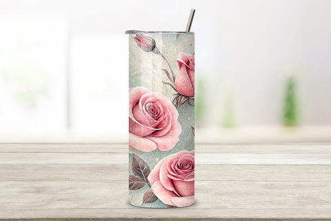 3D Herbarium Rose Seamless Tumbler Wrap, Dried Pink Roses with Scientific Labels Sublimation FloridPrintables 
