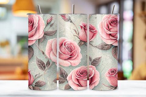 3D Herbarium Rose Seamless Tumbler Wrap, Dried Pink Roses with Scientific Labels Sublimation FloridPrintables 