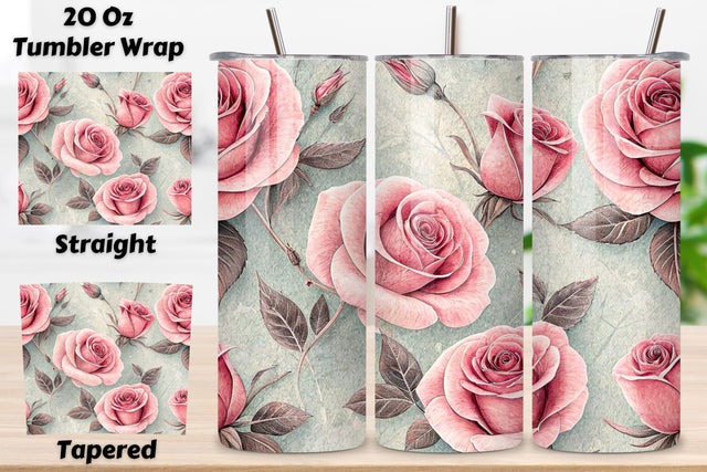 3D Herbarium Rose Seamless Tumbler Wrap, Dried Pink Roses with Scientific Labels Sublimation FloridPrintables 