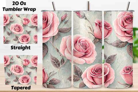 3D Herbarium Rose Seamless Tumbler Wrap, Dried Pink Roses with Scientific Labels Sublimation FloridPrintables 