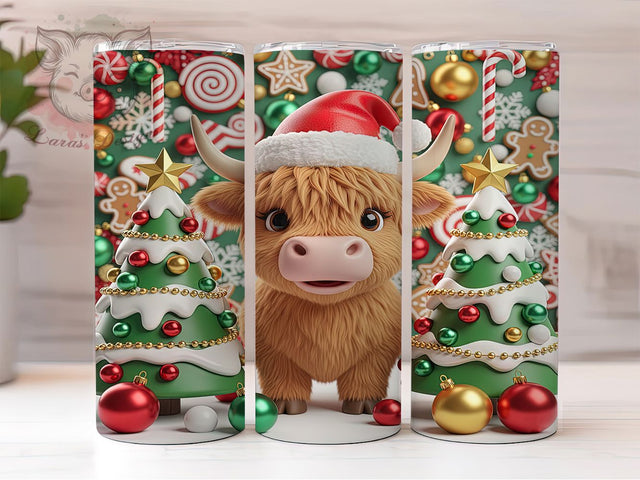 3D Highland Cow Christmas Tumbler, Christmas Cow Wrap, Festive Farm Animal Sublimation, Holiday Cow Cup, 20Oz Skinny Tumbler Wrap, Rustic Christmas Mug, Realistic Cow Design Sublimation Lara' s Designs 