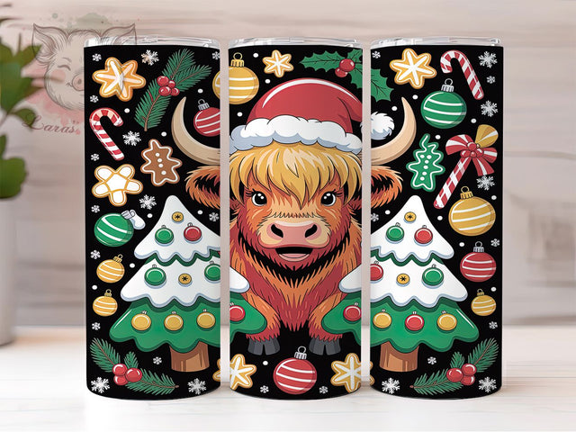 3D Highland Cow Christmas Tumbler, Christmas Cow Wrap, Festive Farm Animal Sublimation, Holiday Cow Cup, 20Oz Skinny Tumbler Wrap, Rustic Christmas Mug, Realistic Cow Design Sublimation Lara' s Designs 