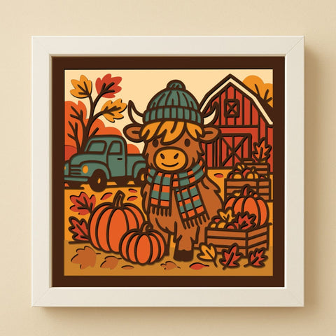 3D Highland Cow Fall Shadow Box SVG, Autumn Farm Scene Layered Papercut, Pumpkin Barn Truck Paper Craft, Thanksgiving Decor SVG SVG HappyDesignStudio 