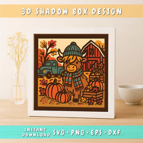 3D Highland Cow Fall Shadow Box SVG, Autumn Farm Scene Layered Papercut, Pumpkin Barn Truck Paper Craft, Thanksgiving Decor SVG SVG HappyDesignStudio 