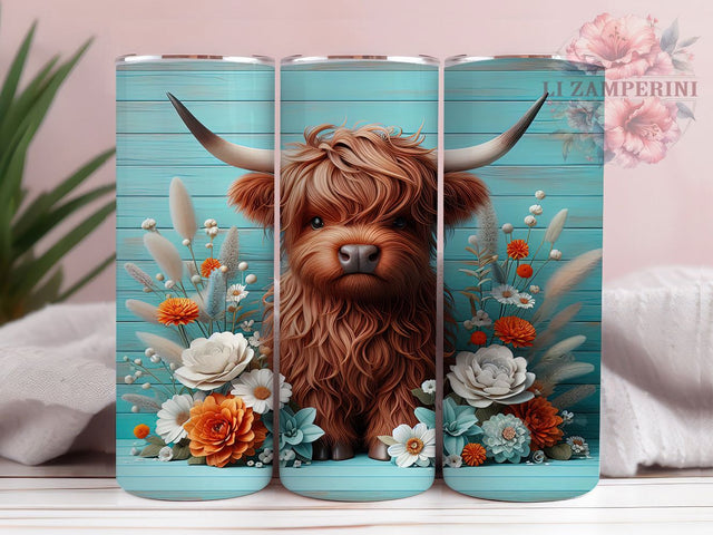 3D Highland Cow Floral Tumbler Wrap, Rustic Teal Wrap, Floral Cow Tumbler, 20oz Sublimation Wrap, Farmhouse Tumbler Design, Western Country Cup, Boho Cow Print Sublimation Li Zamperini 