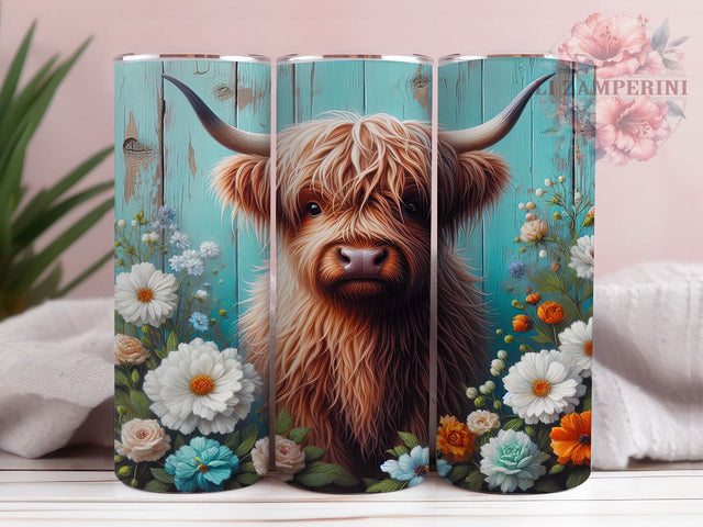 3D Highland Cow Floral Tumbler Wrap, Rustic Teal Wrap, Floral Cow Tumbler, 20oz Sublimation Wrap, Farmhouse Tumbler Design, Western Country Cup, Boho Cow Print Sublimation Li Zamperini 