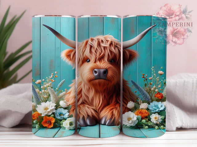 3D Highland Cow Floral Tumbler Wrap, Rustic Teal Wrap, Floral Cow Tumbler, 20oz Sublimation Wrap, Farmhouse Tumbler Design, Western Country Cup, Boho Cow Print Sublimation Li Zamperini 
