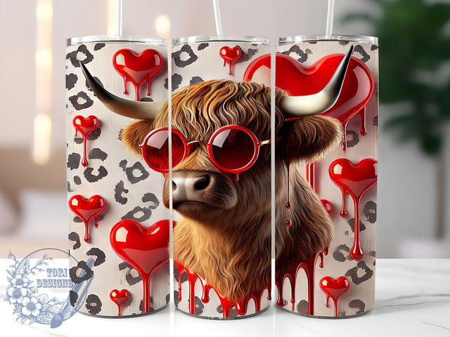 3D Highland Cow Valentine's Tumbler, Valentine's Day, Tumbler Wrap, 20oz Tumbler, Sublimation Design, Cute Cow Gift, Farm Animal Decor Sublimation ToriDesigns 