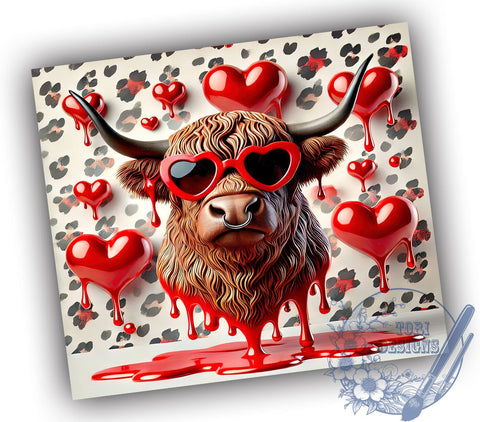 3D Highland Cow Valentine's Tumbler, Valentine's Day, Tumbler Wrap, 20oz Tumbler, Sublimation Design, Cute Cow Gift, Farm Animal Decor Sublimation ToriDesigns 