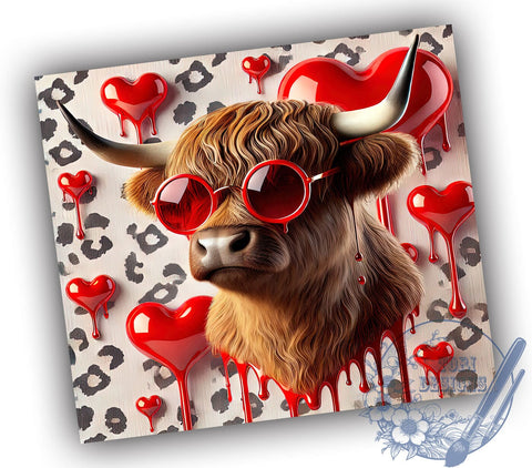 3D Highland Cow Valentine's Tumbler, Valentine's Day, Tumbler Wrap, 20oz Tumbler, Sublimation Design, Cute Cow Gift, Farm Animal Decor Sublimation ToriDesigns 