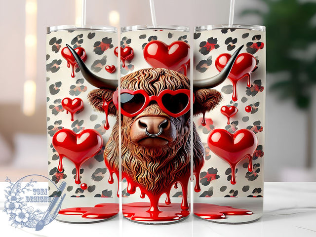 3D Highland Cow Valentine's Tumbler, Valentine's Day, Tumbler Wrap, 20oz Tumbler, Sublimation Design, Cute Cow Gift, Farm Animal Decor Sublimation ToriDesigns 