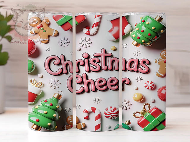 3D Holiday Cheer Christmas Tumbler, Holiday Cheer Wrap, Festive Sublimation Design, Realistic Xmas Cup, 20Oz Skinny Tumbler Wrap, Joyful Christmas Mug, Cheerful Holiday Drink Design Sublimation Lara' s Designs 