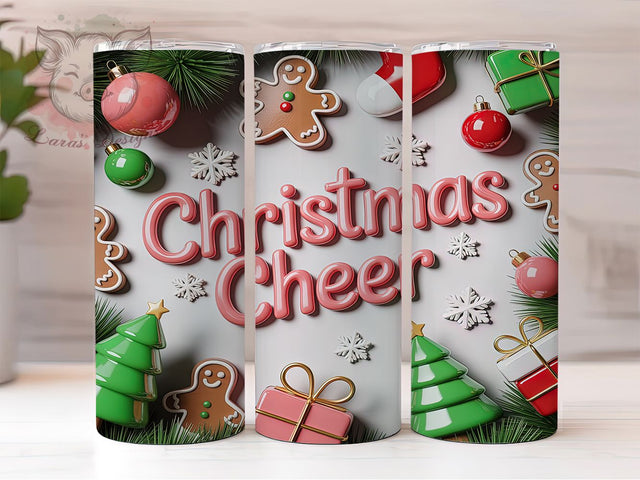3D Holiday Cheer Christmas Tumbler, Holiday Cheer Wrap, Festive Sublimation Design, Realistic Xmas Cup, 20Oz Skinny Tumbler Wrap, Joyful Christmas Mug, Cheerful Holiday Drink Design Sublimation Lara' s Designs 