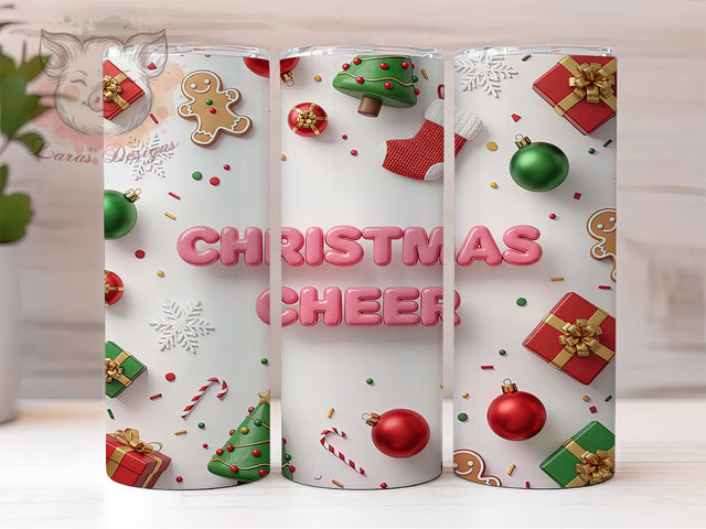3D Holiday Cheer Christmas Tumbler, Holiday Cheer Wrap, Festive Sublimation Design, Realistic Xmas Cup, 20Oz Skinny Tumbler Wrap, Joyful Christmas Mug, Cheerful Holiday Drink Design Sublimation Lara' s Designs 