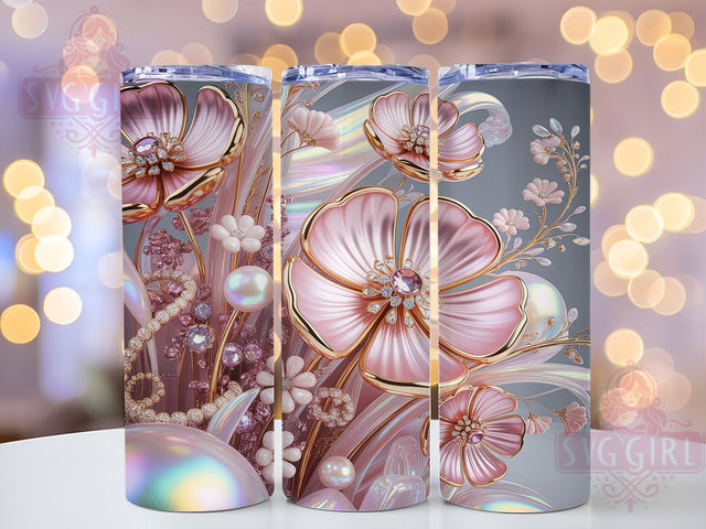 3D Holographic Pink Flower Tumbler, Pearls Holographic Wrap, Elegant Mug Design, Sublimation Wrap, Artistic Drinkware, Cute Gift Idea, Sparkly Floral Cup Sublimation SvggirlplusArt 