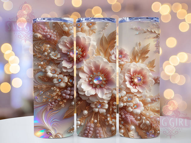3D Holographic Pink Flower Tumbler, Pearls Holographic Wrap, Elegant Mug Design, Sublimation Wrap, Artistic Drinkware, Cute Gift Idea, Sparkly Floral Cup Sublimation SvggirlplusArt 