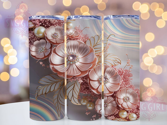 3D Holographic Pink Flower Tumbler, Pearls Holographic Wrap, Elegant Mug Design, Sublimation Wrap, Artistic Drinkware, Cute Gift Idea, Sparkly Floral Cup Sublimation SvggirlplusArt 