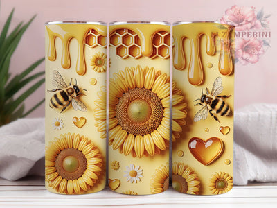 3D Honey Bees Sunflower Glow 20oz Tumbler, Sunflower Design, Golden Petals, Textured Center, Nature Theme, Skinny Tumbler, Sublimation PNG Sublimation Li Zamperini 