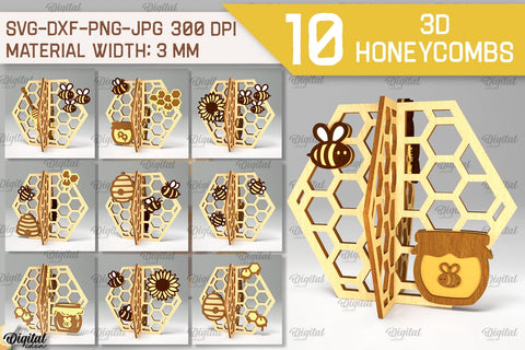 3D Honeycombs Laser Cut Bundle. Honeycomb With Bee SVG SVG Evgenyia Guschina 