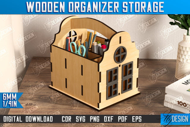 3D House Shaped Desk Organizer Laser Cut, Storage Bin, Pencil Holder SVG, Wooden Organizer Storage Box SVG, Toy Box, House Shaped Box, Decorative Box SVG SVG Fly Design 