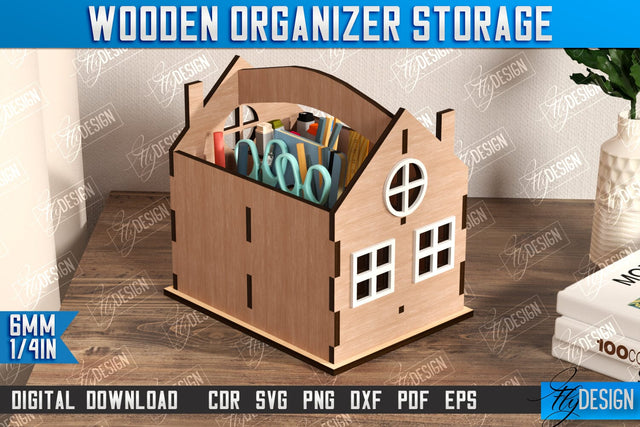 3D House Shaped Desk Organizer Laser Cut, Storage Bin, Pencil Holder SVG, Wooden Organizer Storage Box SVG, Toy Box, House Shaped Box, Decorative Box SVG SVG Fly Design 