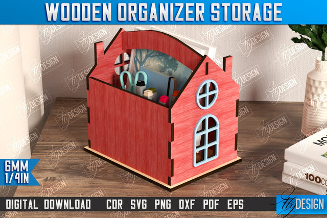 3D House Shaped Desk Organizer Laser Cut, Storage Bin, Pencil Holder SVG, Wooden Organizer Storage Box SVG, Toy Box, House Shaped Box, Decorative Box SVG SVG Fly Design 