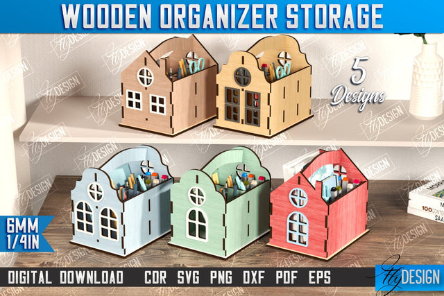 3D House Shaped Desk Organizers Laser Cut Bundle, Storage Bin, Pencil Holders, Wooden Organizer Storage Box SVG, Toy Box, House Shaped Box, Decorative Box SVG SVG Fly Design 