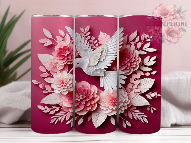 3D Hummingbird Pink White Floral 20oz Tumbler, White Hummingbird Tumbler, Floral Bird Tumbler, 20oz Sublimation Wrap, Nature Aesthetic Tumbler, Spring Gift Sublimation Li Zamperini 