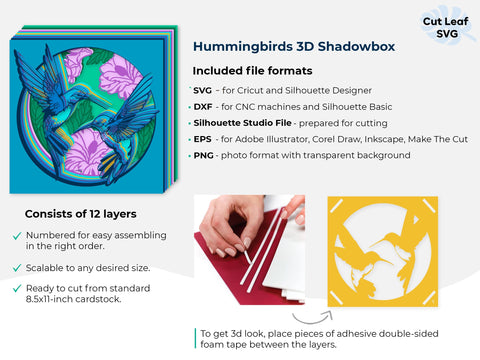 3d Hummingbird Shadow Box SVG - Hibiscus svg, Hawaiian svg, Bird svg, Flowers svg, svg file for cricut, for Silhouette, layered svg 3D Paper CutLeafSvg 